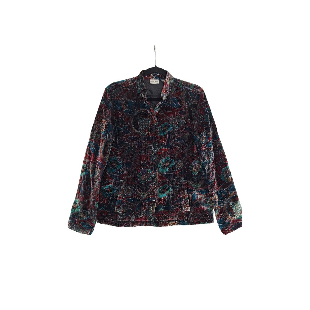 Chicos Silk Blend Velvet Burnout Floral Paisley Jacket Multi-Color Size 1 M